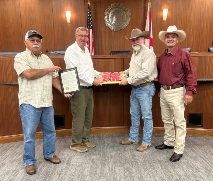 Mayor Jacobs and Cullman County Cattlemen with Beef Month proclamation.